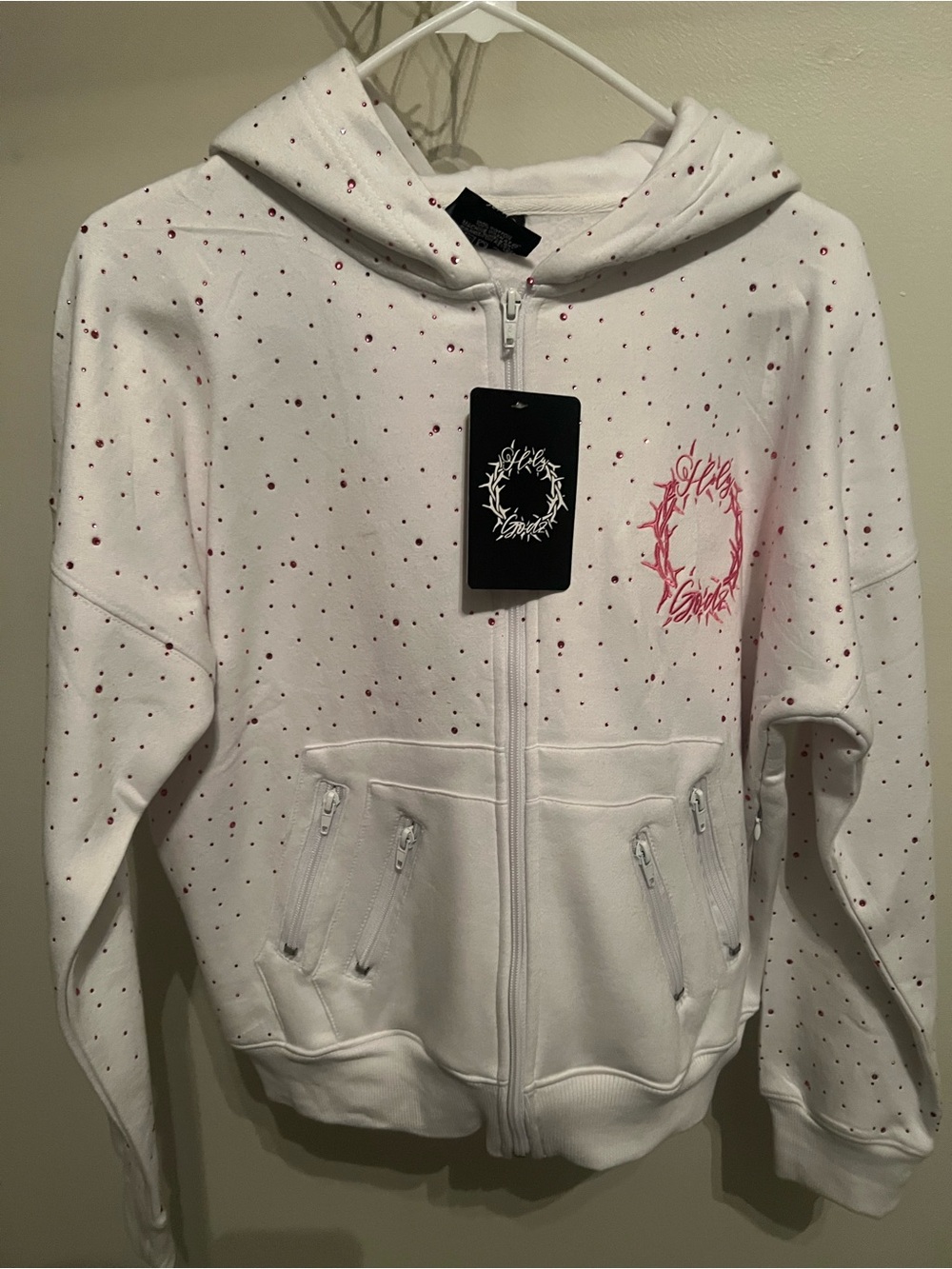 White Zip Hoodie Jacket with Pink rhinestones all over